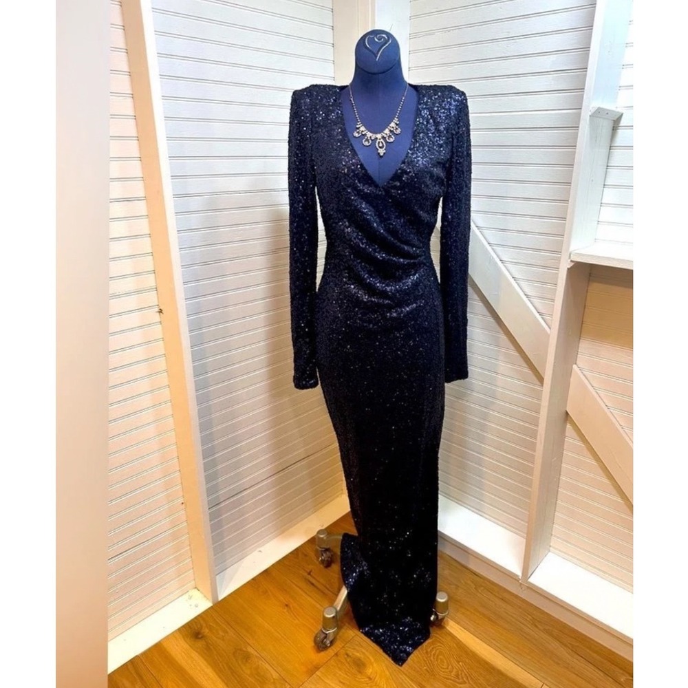 New Ax Paris Long Navy Blue Sequin Dress Women's Size 10 Ruched Evening Gown